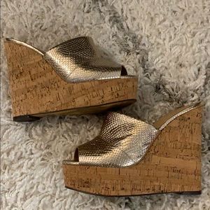 Express Gold Platform Cork Wedge Sandals